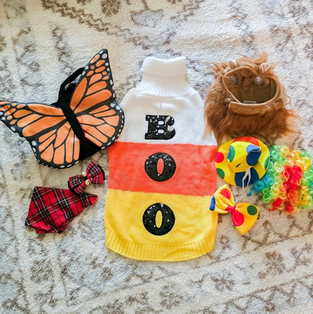 Dog Pet Costumes 8 Pc. Clown Butterfly Lion Mane Halloween Sweater Holiday Bow